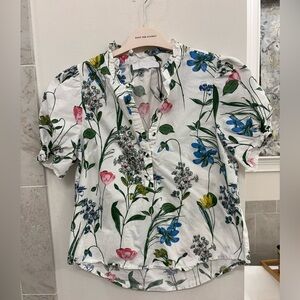Sugarlips White Floral Blouse with Green and Blue Accents